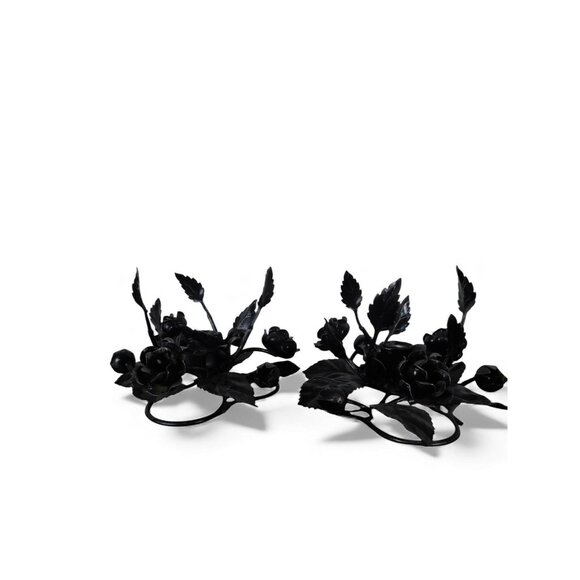 Pair Black Wrought Iron Rose Candle Holder Centerpieces Floral Decor Table - Picture 4 of 8